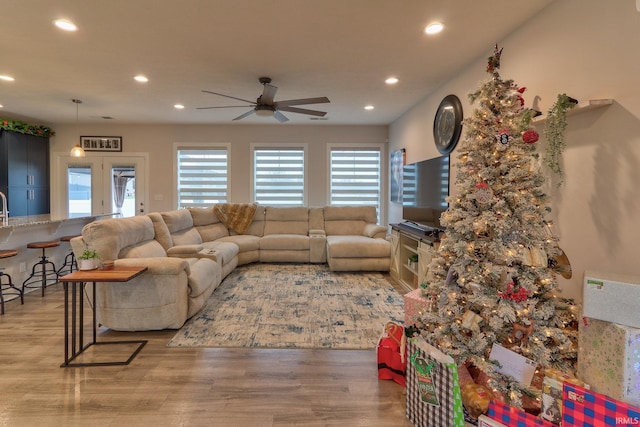 living room with ceiling fan and light hardwood / wood-style flooring