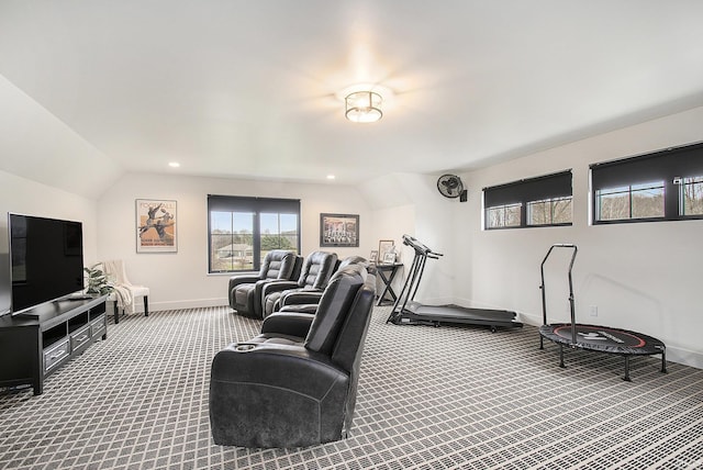 living room with carpet and lofted ceiling