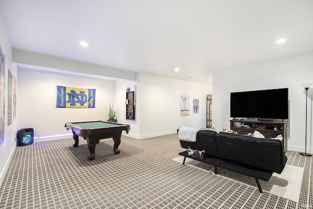 recreation room with carpet and pool table