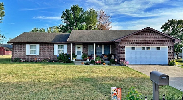 single story home with roof with shingles, concrete driveway, a front yard, a garage, and brick siding