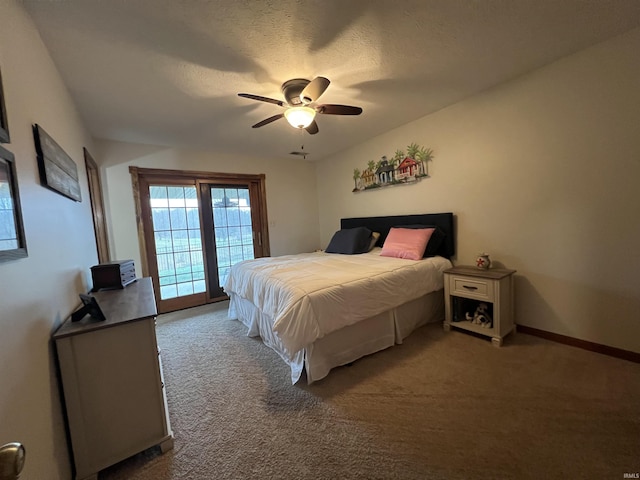 carpeted bedroom with access to exterior, ceiling fan, and a textured ceiling