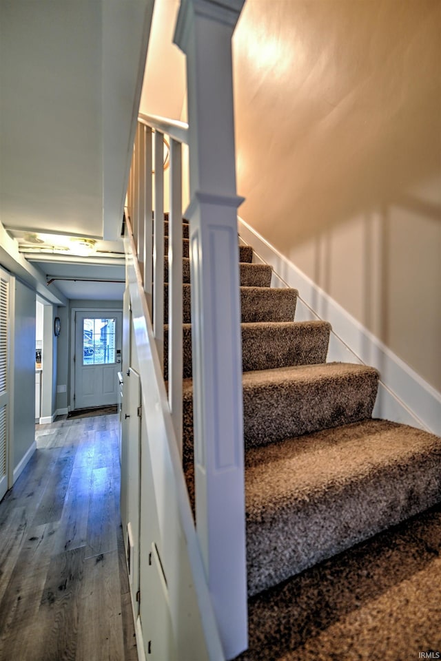 staircase featuring hardwood / wood-style flooring