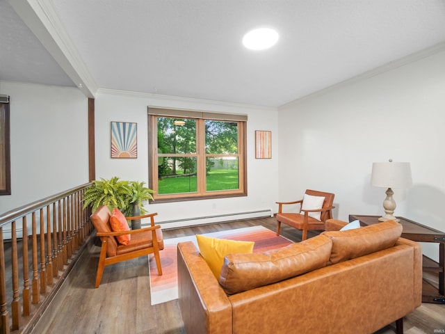 living room featuring hardwood / wood-style floors, ornamental molding, and a baseboard heating unit