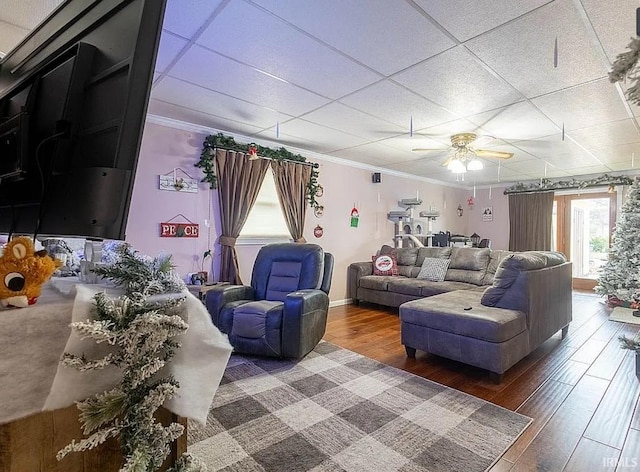 living room with a drop ceiling, ceiling fan, dark hardwood / wood-style flooring, and ornamental molding