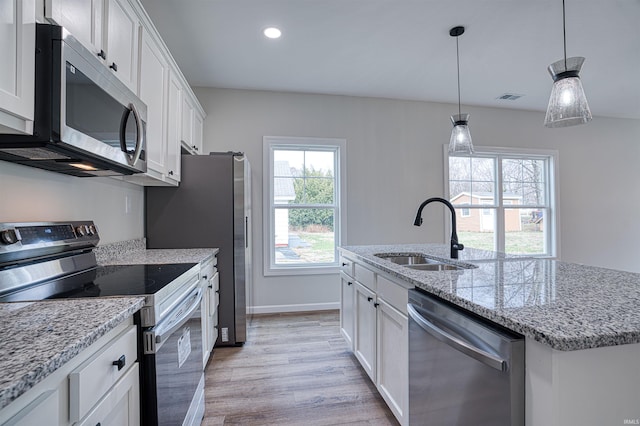 kitchen with a kitchen island with sink, sink, white cabinets, and appliances with stainless steel finishes