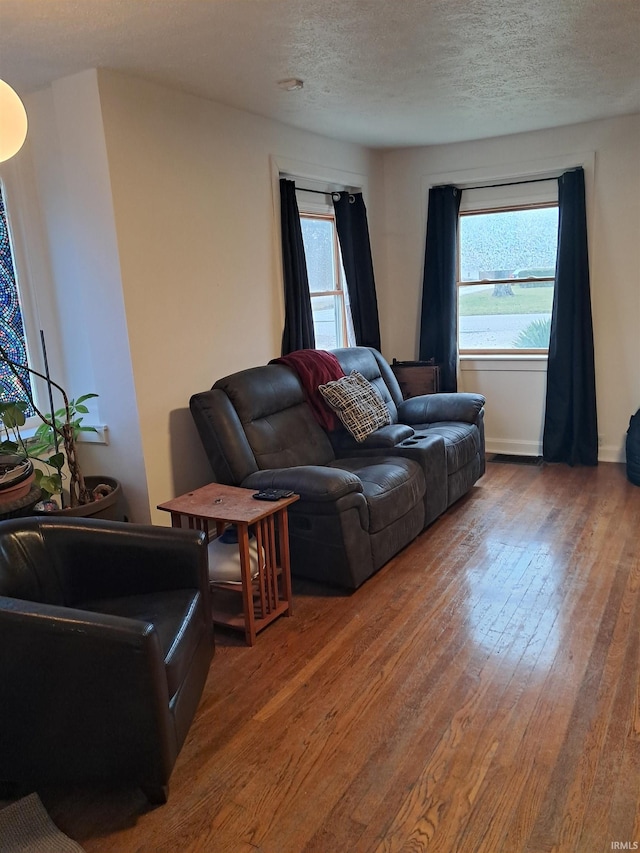 living room with hardwood / wood-style floors, a textured ceiling, and a wealth of natural light