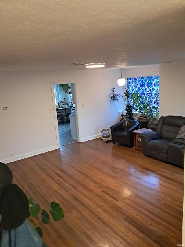 living room with a textured ceiling and dark hardwood / wood-style flooring