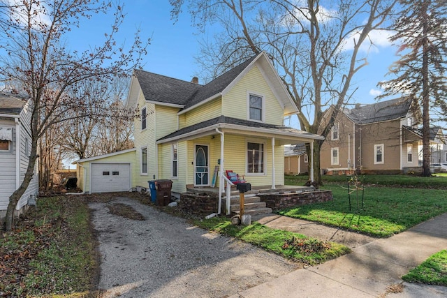 view of front of home with covered porch, a garage, an outbuilding, and a front lawn