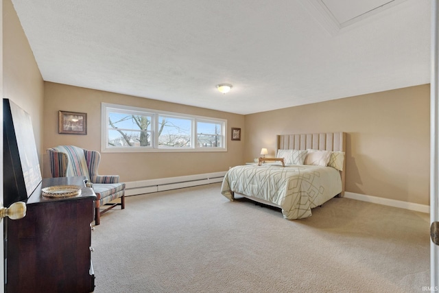 carpeted bedroom with baseboard heating