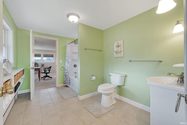 full bathroom with tile patterned flooring, shower / bath combination with curtain, vanity, and toilet