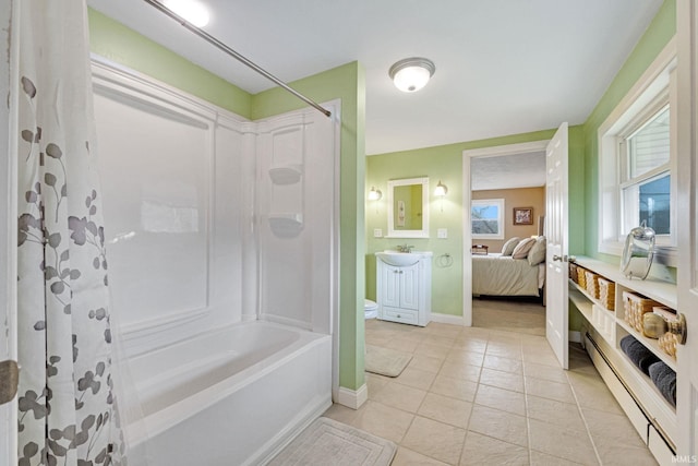 full bathroom with tile patterned floors, shower / tub combo with curtain, vanity, and toilet