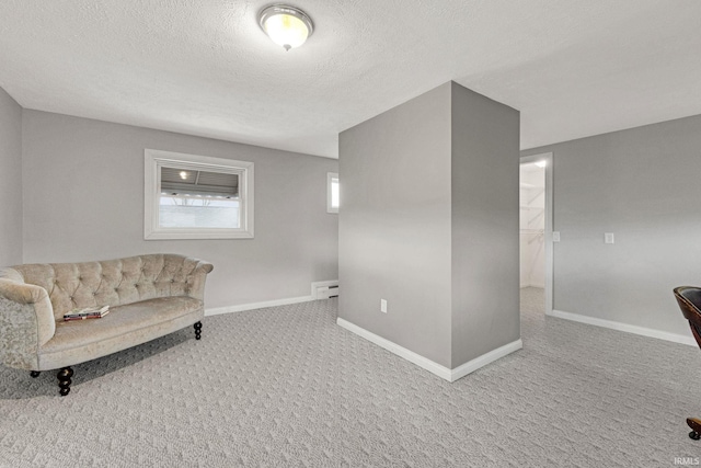 living area with carpet floors and a textured ceiling