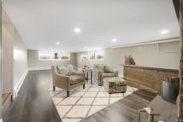 living room featuring wood-type flooring and a baseboard radiator