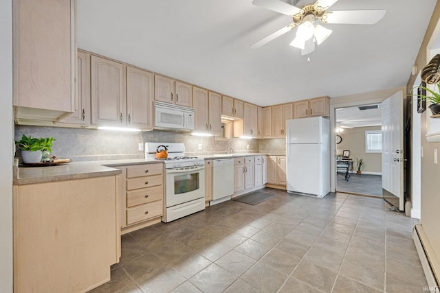 kitchen featuring light brown cabinets, white appliances, ceiling fan, and a baseboard heating unit