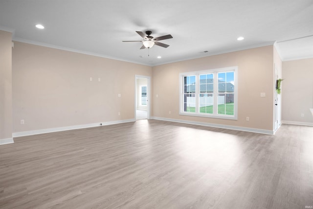 unfurnished living room with ceiling fan, crown molding, and light hardwood / wood-style flooring