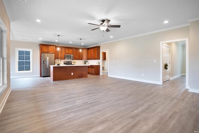 unfurnished living room with light wood-type flooring, ceiling fan, and ornamental molding