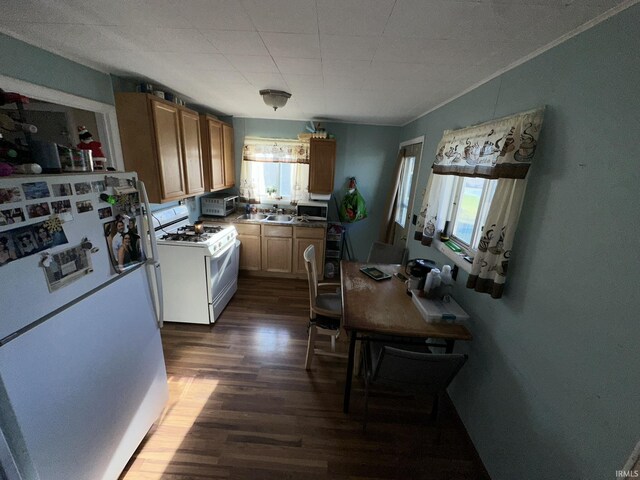 kitchen with white appliances, crown molding, and dark wood-type flooring