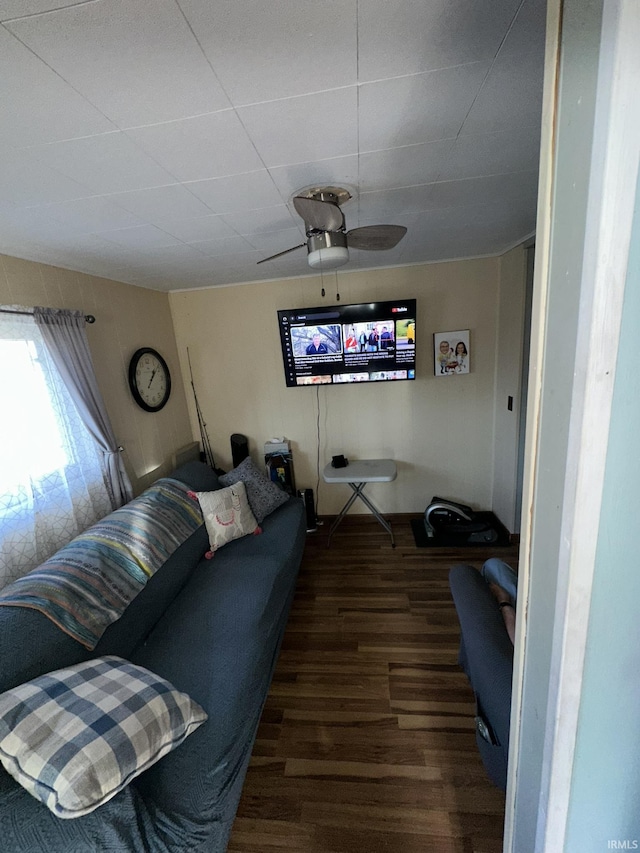 living room with ceiling fan and dark hardwood / wood-style flooring