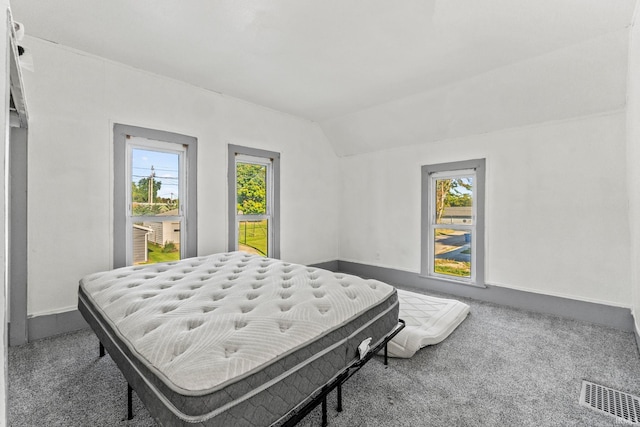 carpeted bedroom featuring vaulted ceiling