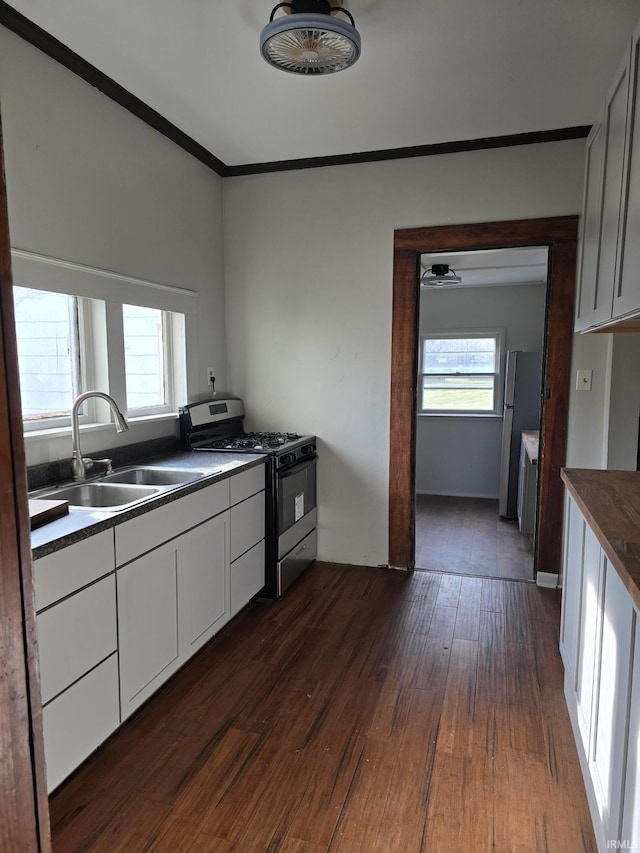 kitchen with white cabinetry, sink, dark hardwood / wood-style flooring, crown molding, and appliances with stainless steel finishes