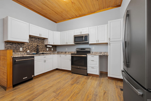 kitchen with sink, stainless steel appliances, light stone counters, white cabinets, and wood ceiling