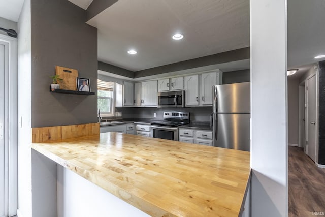 kitchen with kitchen peninsula, gray cabinets, appliances with stainless steel finishes, dark hardwood / wood-style flooring, and butcher block counters