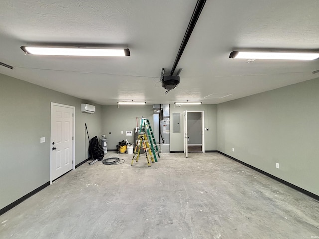 basement featuring an AC wall unit and electric panel