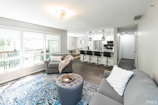 living room featuring dark wood-type flooring and sink