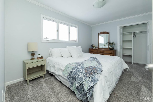 bedroom with carpet, a closet, and crown molding