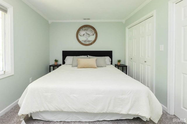 carpeted bedroom with multiple windows, crown molding, and a closet