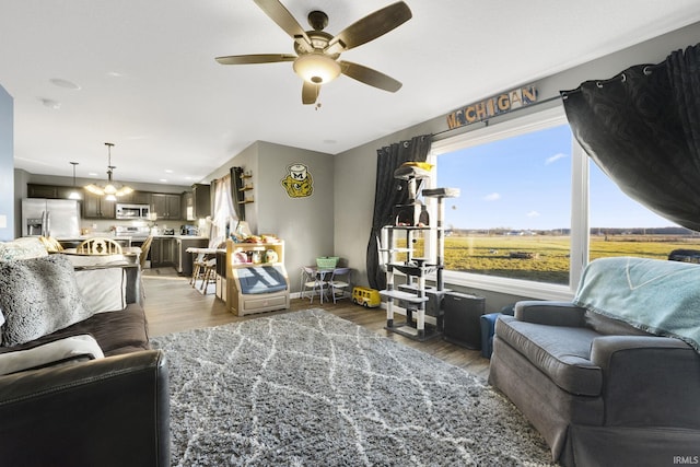 living room with wood-type flooring and ceiling fan