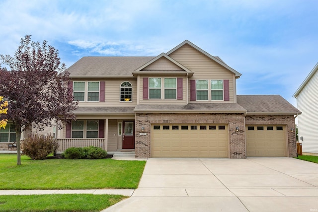 view of front of property with a porch, a garage, and a front yard