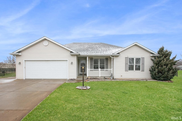 single story home featuring a porch, a garage, and a front yard