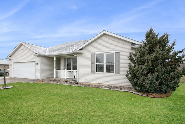 single story home with a front lawn, covered porch, and a garage