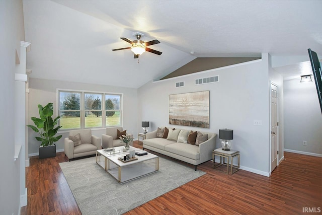 living room with ceiling fan, lofted ceiling, and dark wood-type flooring