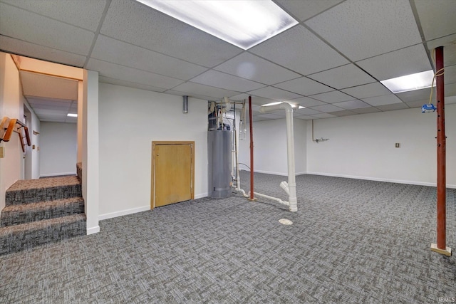 basement with carpet and water heater