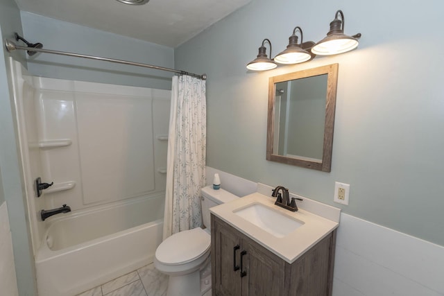 full bathroom with vanity, toilet, and shower / bathtub combination with curtain