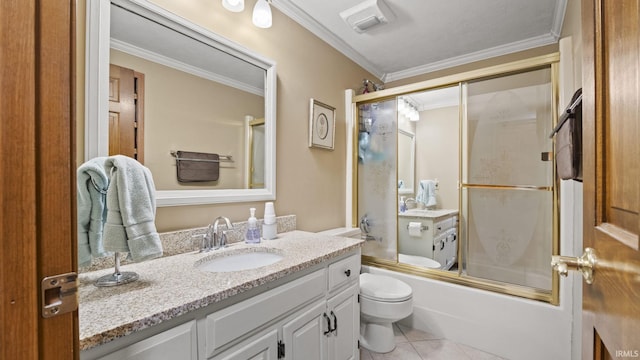 full bathroom featuring vanity, shower / bath combination with glass door, tile patterned floors, toilet, and ornamental molding