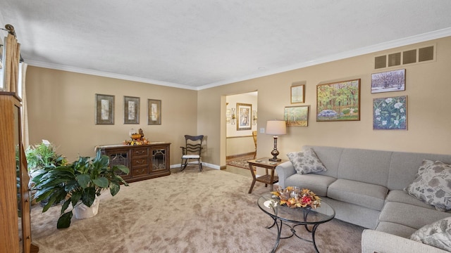 carpeted living room featuring crown molding