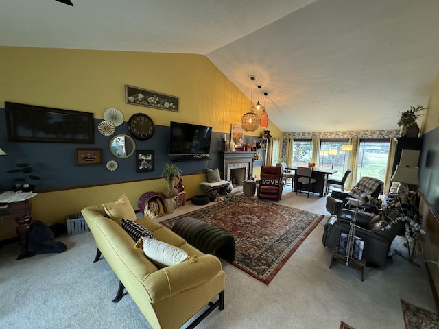 living room with carpet flooring and vaulted ceiling