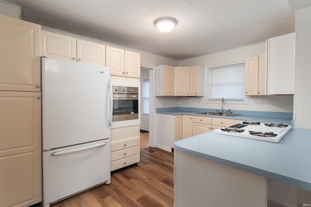 kitchen featuring sink, a healthy amount of sunlight, white appliances, and light hardwood / wood-style flooring