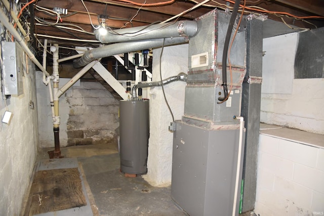 basement featuring electric panel, heating unit, and water heater