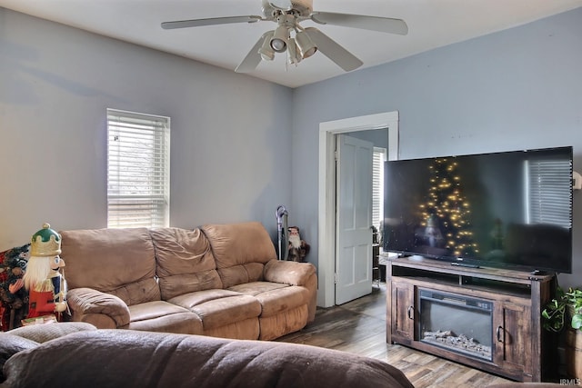 living room featuring hardwood / wood-style flooring and ceiling fan