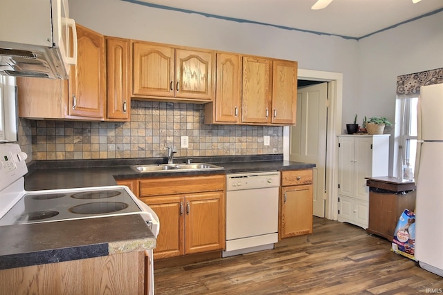 kitchen with tasteful backsplash, white appliances, sink, and dark wood-type flooring