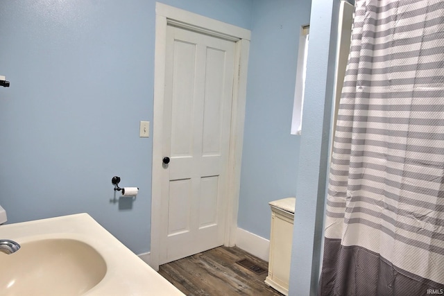 bathroom featuring wood-type flooring and sink