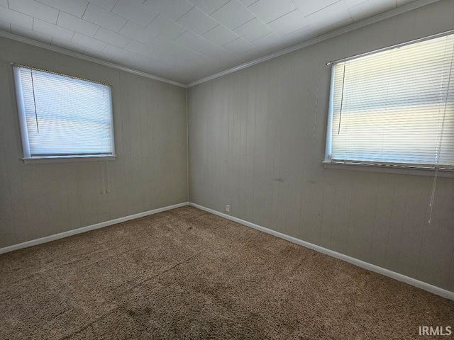 carpeted spare room featuring crown molding