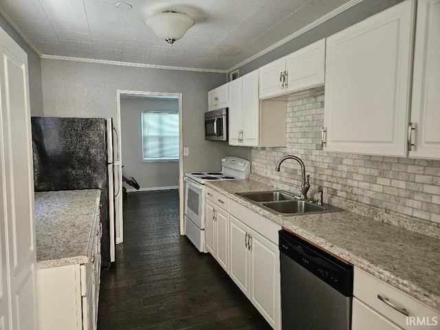 kitchen with appliances with stainless steel finishes, crown molding, white cabinets, and sink