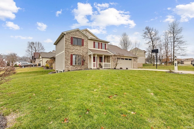 view of front facade with a front lawn, covered porch, and a garage