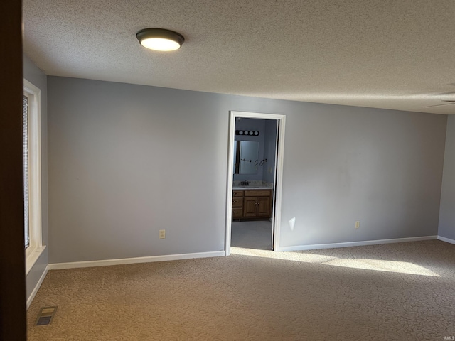 unfurnished room with carpet flooring, sink, and a textured ceiling