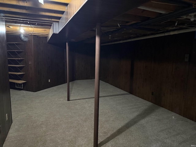 basement featuring carpet floors and wooden walls